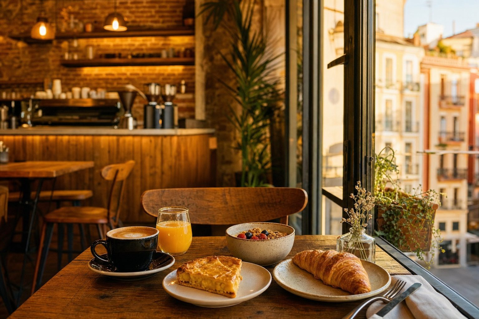 Interior cálido de la cafetería con un desayuno en la mesa