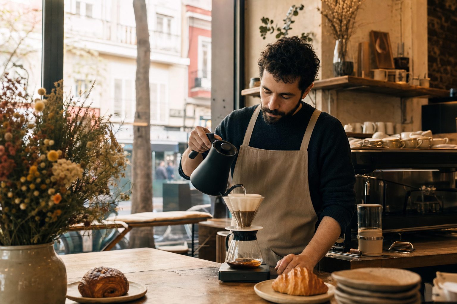 Barista preparando café en la barra
